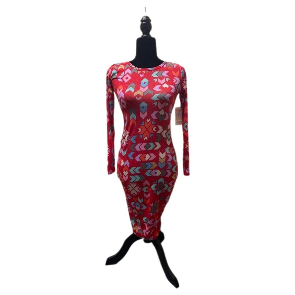 C22 Lula Roe Long Sleeve Red Patterned Debbie Dress, XXS, New with Tags